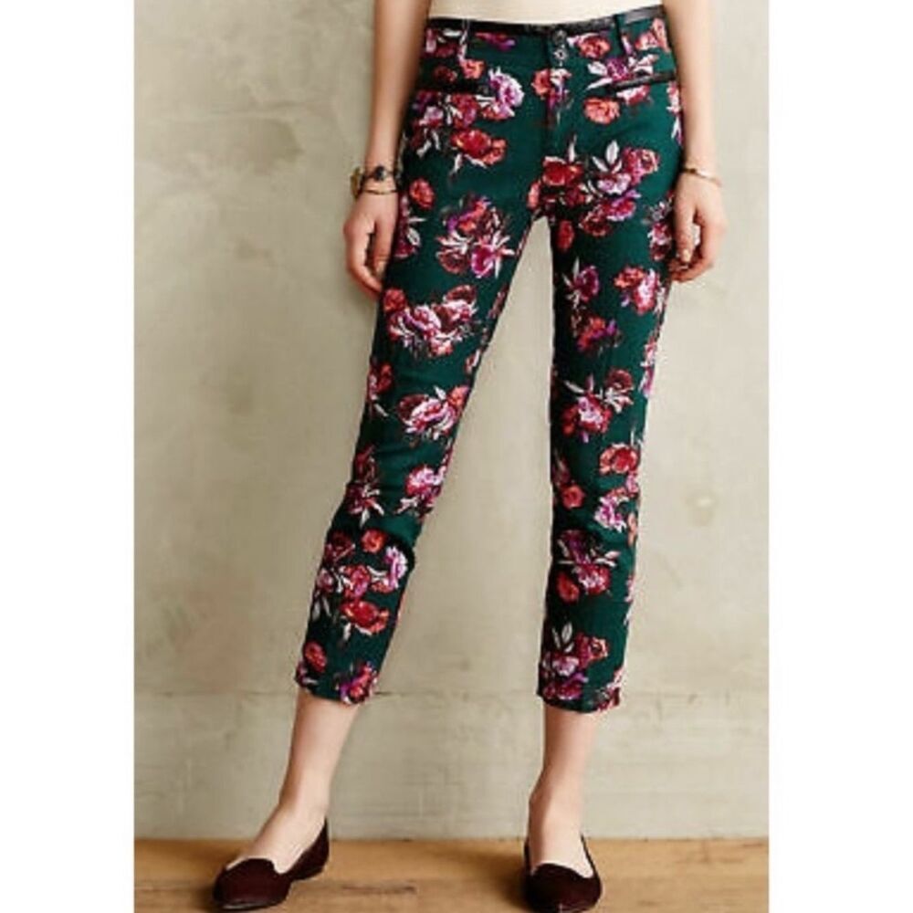 Anthropologie Cartonnier Floral Charlie Trouser Ankle Pants Green Womens 8 FLAW